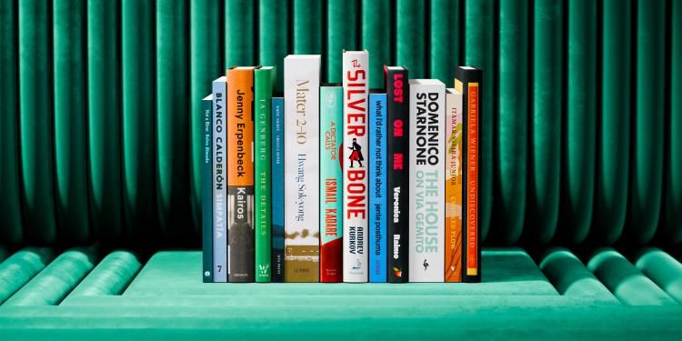 The International Booker Prize longlist books photographed in a row.