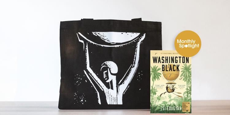 Real life picture of Booker Prize bag, front cover of Washington Black and orange monthly spotlight.